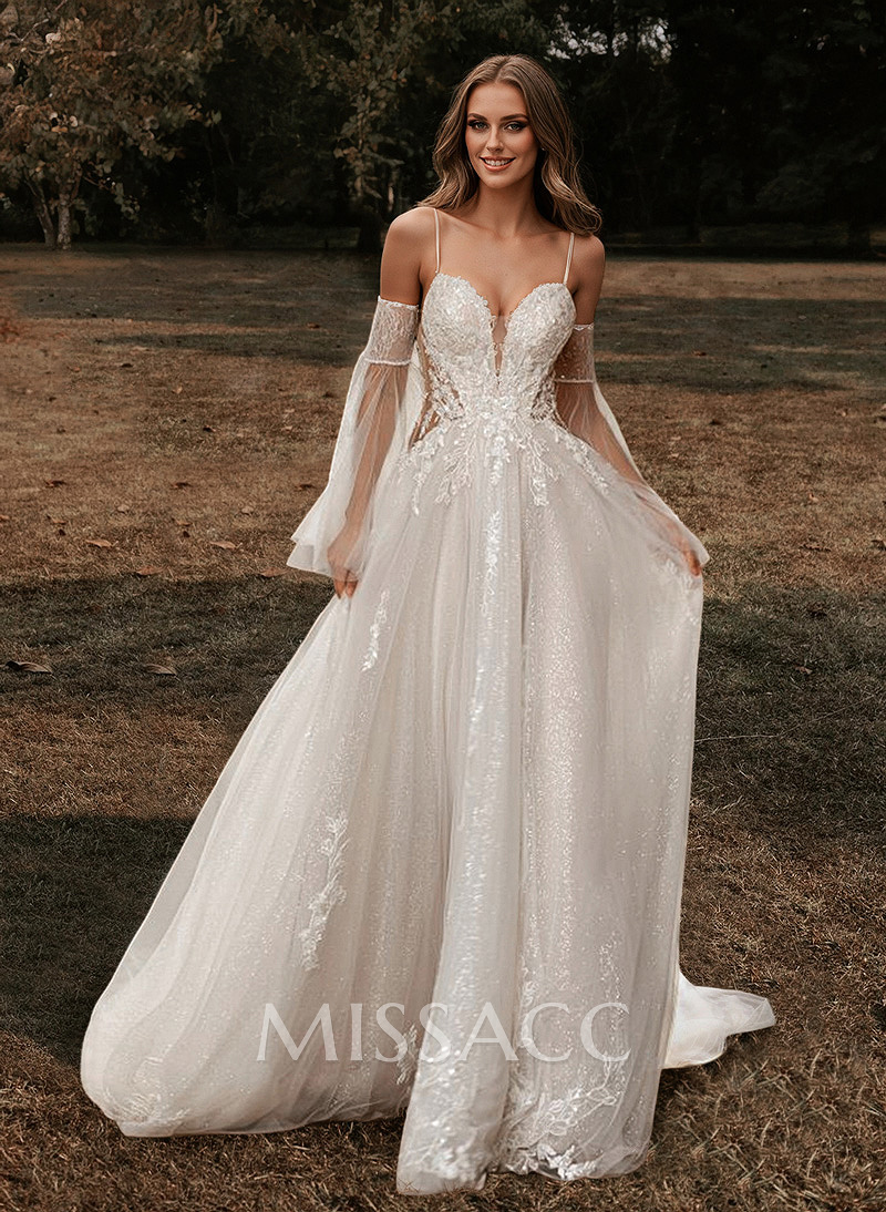 A-Line Sweetheart Court Train Wedding Dresses With Appliques Lace