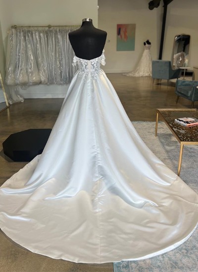 A-Line Off-The-Shoulder/Sweetheart Lace/Satin Wedding Dresses With Split Front