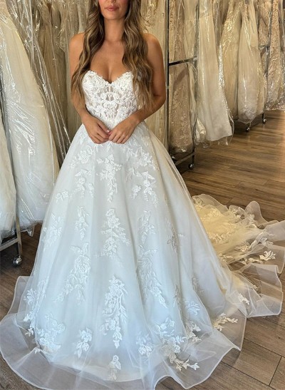 A-Line Sweetheart Sleeveless Court Train Lace/Tulle Wedding Dresses