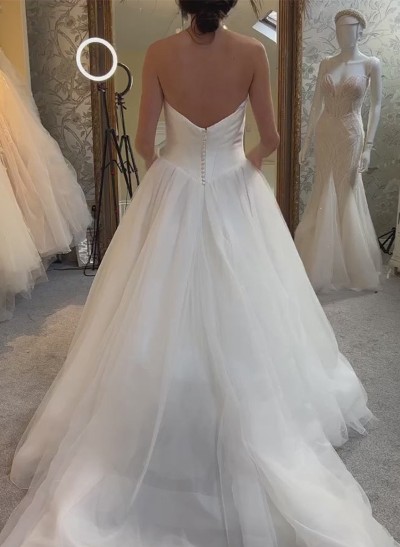 A-Line Strapless Sleeveless Sweep Train Tulle Wedding Dresses