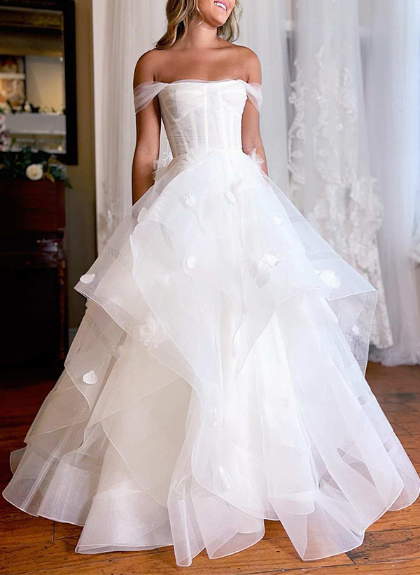 Ball-Gown Off-The-Shoulder Tulle Wedding Dresses With Cascading Ruffles