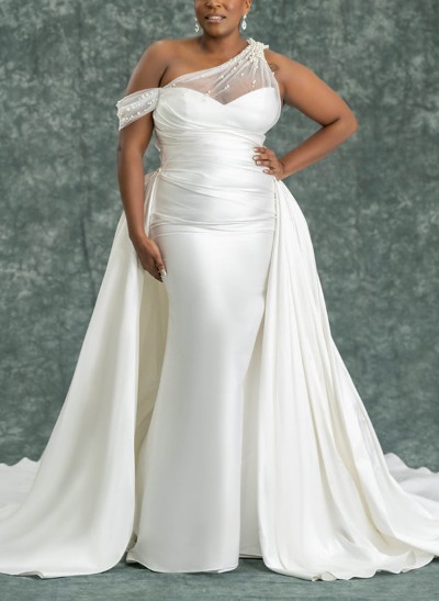 Sheath/Column Asymmetrical Detachable Satin Wedding Dresses With Beading