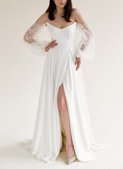 A-Line Off-The-Shoulder Long Sleeves Wedding Dresses With Split Front
