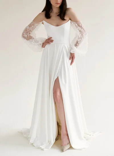 A-Line Off-The-Shoulder Long Sleeves Wedding Dresses With Split Front