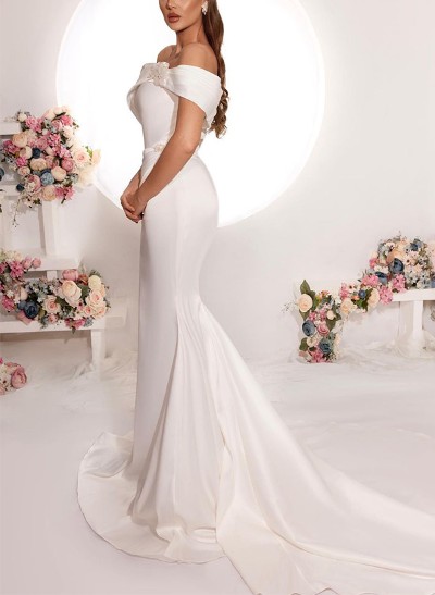 Trumpet/Mermaid Off-The-Shoulder Satin Wedding Dresses With Flower(s)