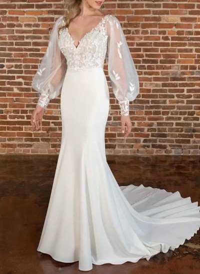 Trumpet/Mermaid V-Neck Long Sleeves Lace Wedding Dresses With Appliques Lace