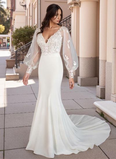 Trumpet/Mermaid V-Neck Long Sleeves Lace Wedding Dresses With Appliques Lace