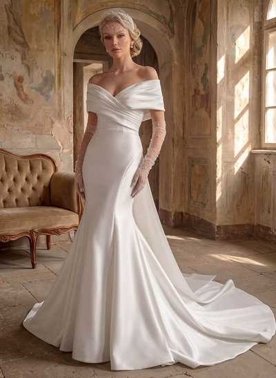 Trumpet/Mermaid Off-The-Shoulder Sleeveless Satin Wedding Dresses With Bow(s)