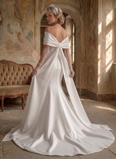 Trumpet/Mermaid Off-The-Shoulder Sleeveless Satin Wedding Dresses With Bow(s)