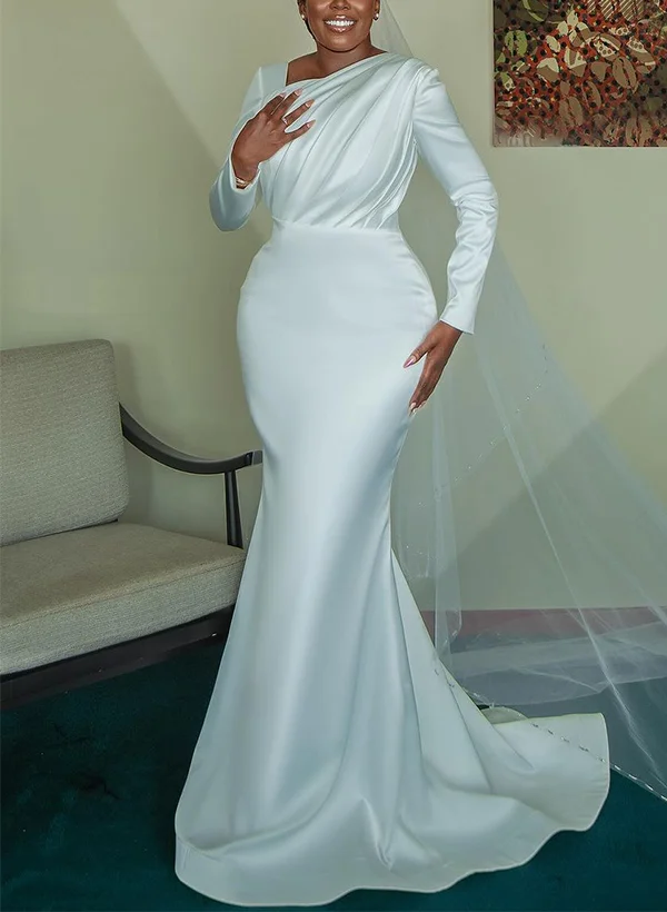 Long Sleeves Sweep Train Elastic Satin Mermaid Fitted Wedding Dresses