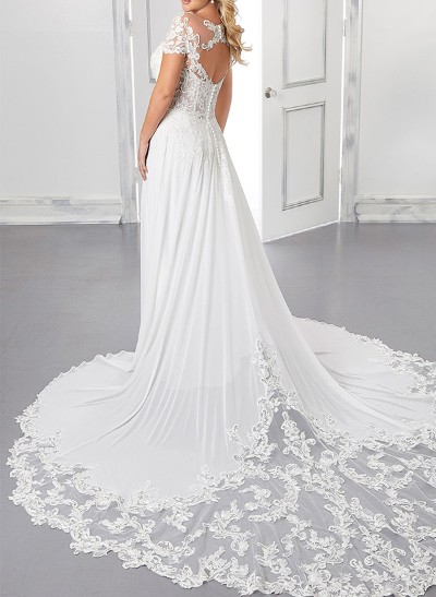 A-Line V-Neck Sleeveless Chiffon Wedding Dresses With Appliques Lace