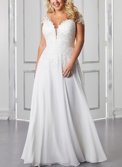 A-Line V-Neck Sleeveless Chiffon Wedding Dresses With Appliques Lace