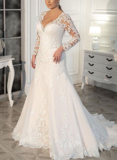 A-Line V-Neck Long Sleeves Sweep Train Lace Wedding Dresses