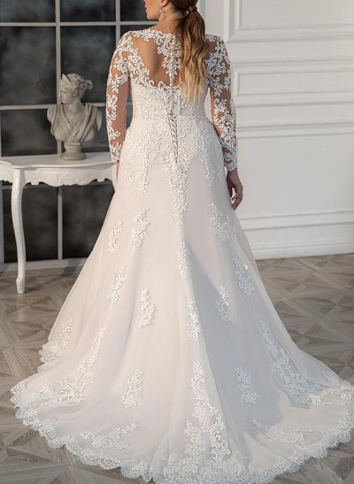 A-Line V-Neck Long Sleeves Sweep Train Lace Wedding Dresses