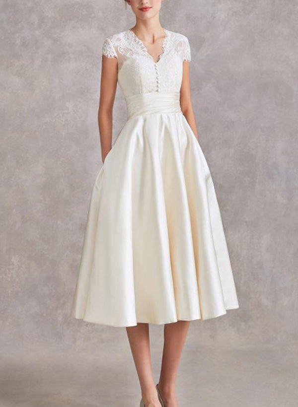 A-Line V-Neck Short Sleeves Tea-Length Satin Wedding Dresses With Lace