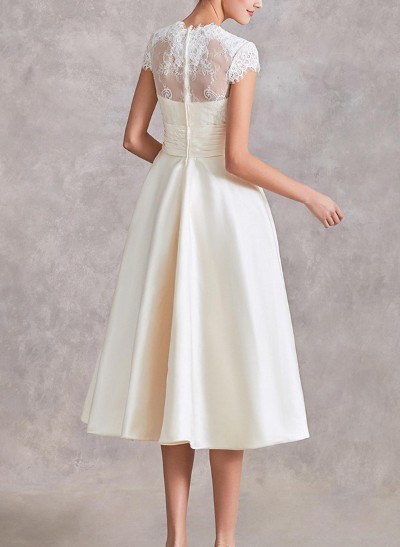 A-Line V-Neck Short Sleeves Tea-Length Satin Wedding Dresses With Lace