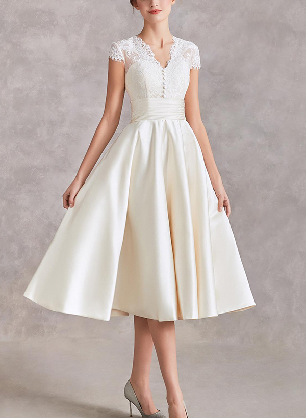 A-Line V-Neck Short Sleeves Tea-Length Satin Wedding Dresses With Lace