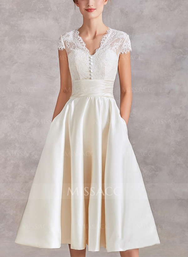 A-Line V-Neck Short Sleeves Tea-Length Satin Wedding Dresses With Lace