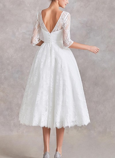 A-Line Illusion Neck 1/2 Sleeves Tea-Length Lace Wedding Dresses