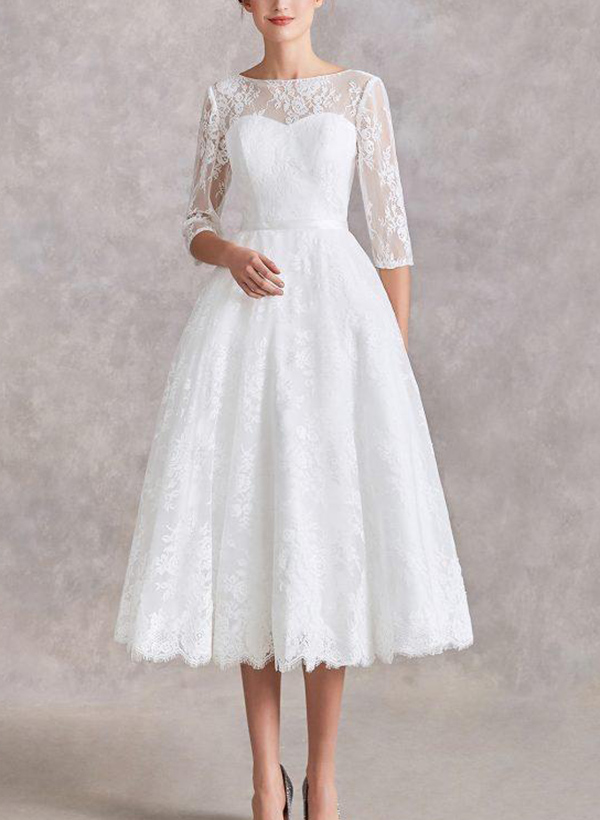 A-Line Illusion Neck 1/2 Sleeves Tea-Length Lace Wedding Dresses