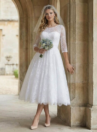 A-Line Illusion Neck 1/2 Sleeves Tea-Length Lace Wedding Dresses