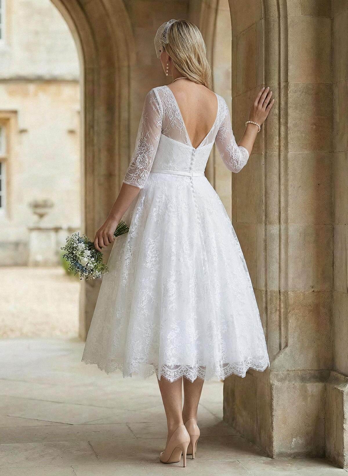 A-Line Illusion Neck 1/2 Sleeves Tea-Length Lace Wedding Dresses