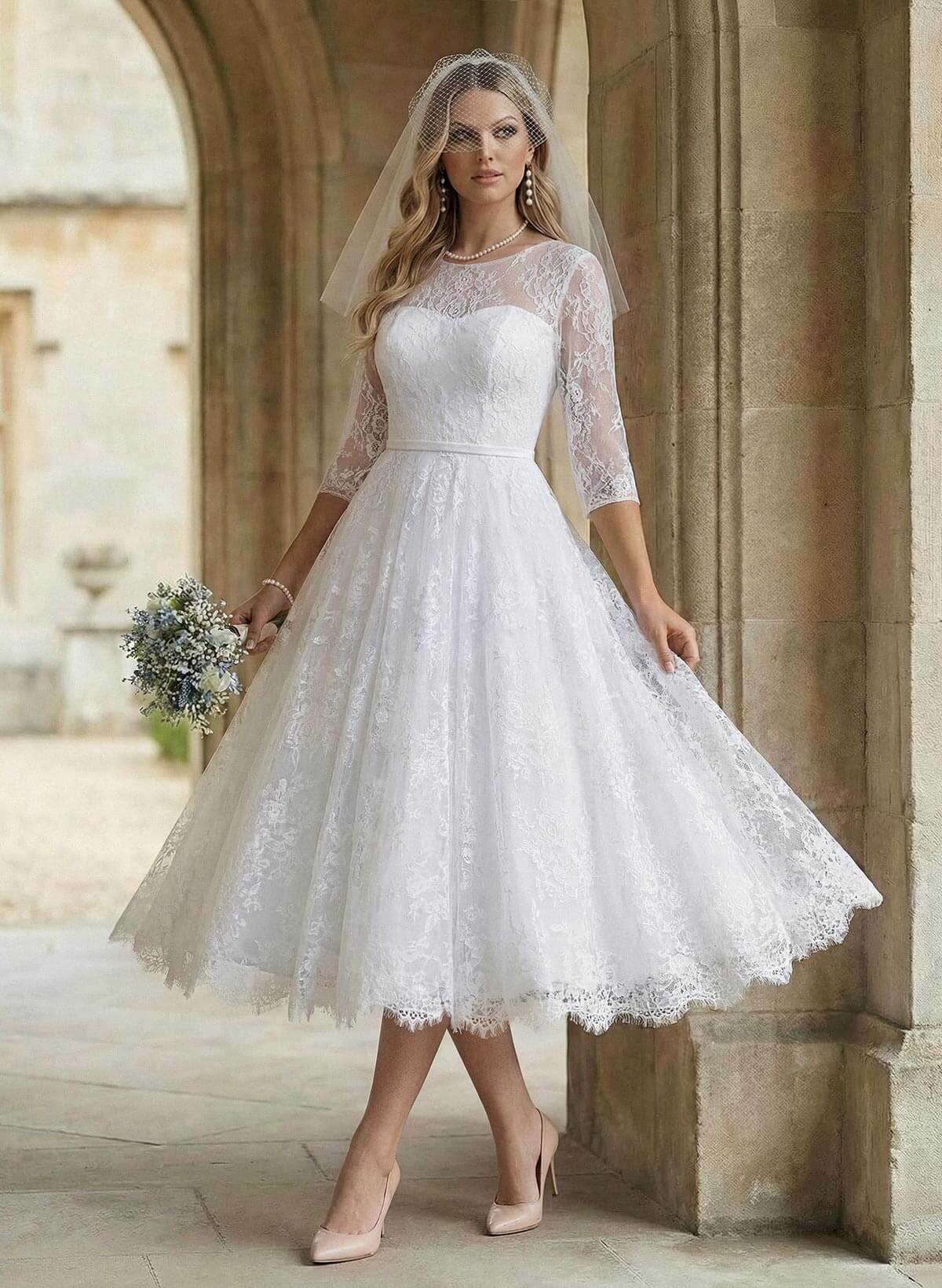 A-Line Illusion Neck 1/2 Sleeves Tea-Length Lace Wedding Dresses