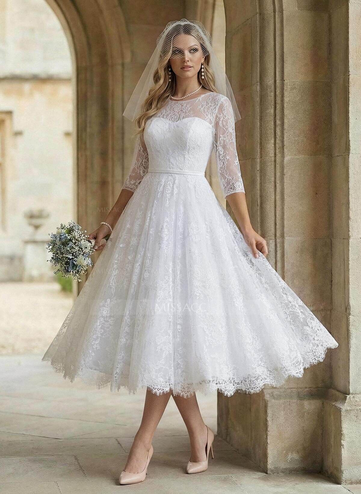 A-Line Illusion Neck 1/2 Sleeves Tea-Length Lace Wedding Dresses