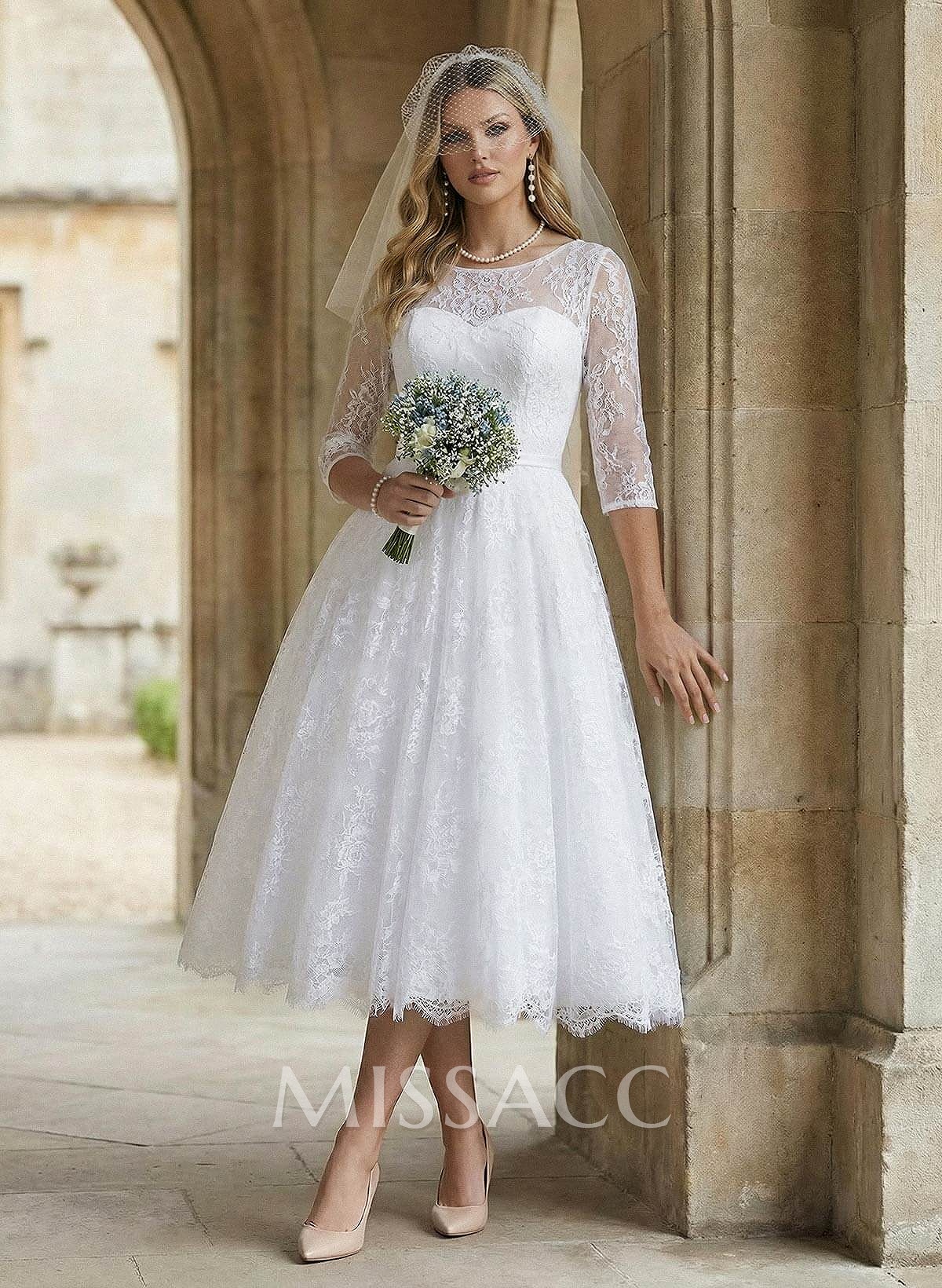 A-Line Illusion Neck 1/2 Sleeves Tea-Length Lace Wedding Dresses