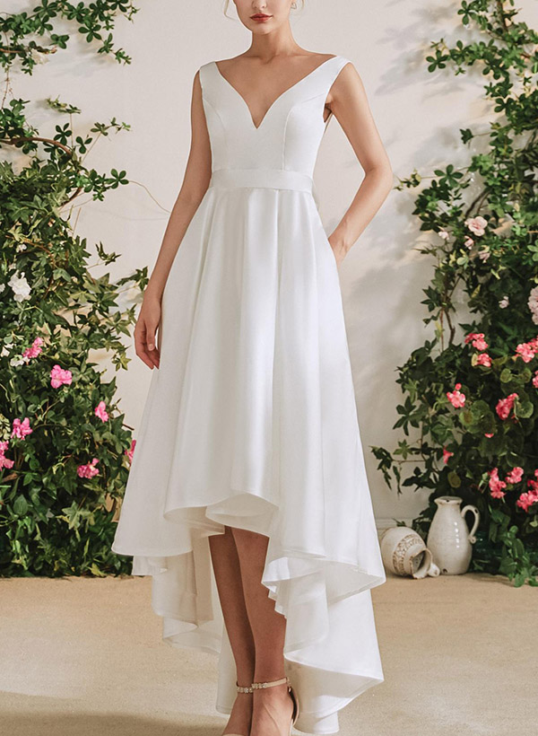 A-Line V-Neck Sleeveless Floor-Length Satin Wedding Dresses With Bow(s)