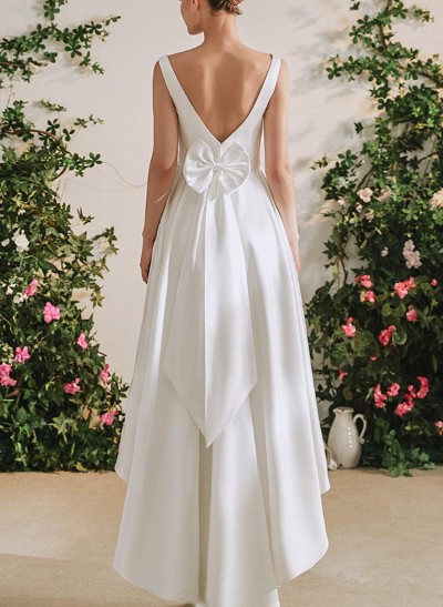 A-Line V-Neck Sleeveless Floor-Length Satin Wedding Dresses With Bow(s)