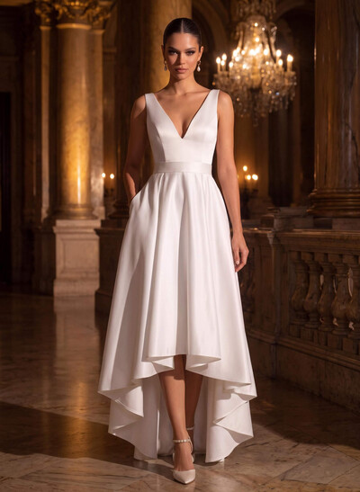 A-Line V-Neck Sleeveless Floor-Length Satin Wedding Dresses With Bow(s)