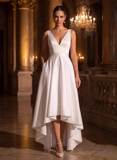 A-Line V-Neck Sleeveless Floor-Length Satin Wedding Dresses With Bow(s)