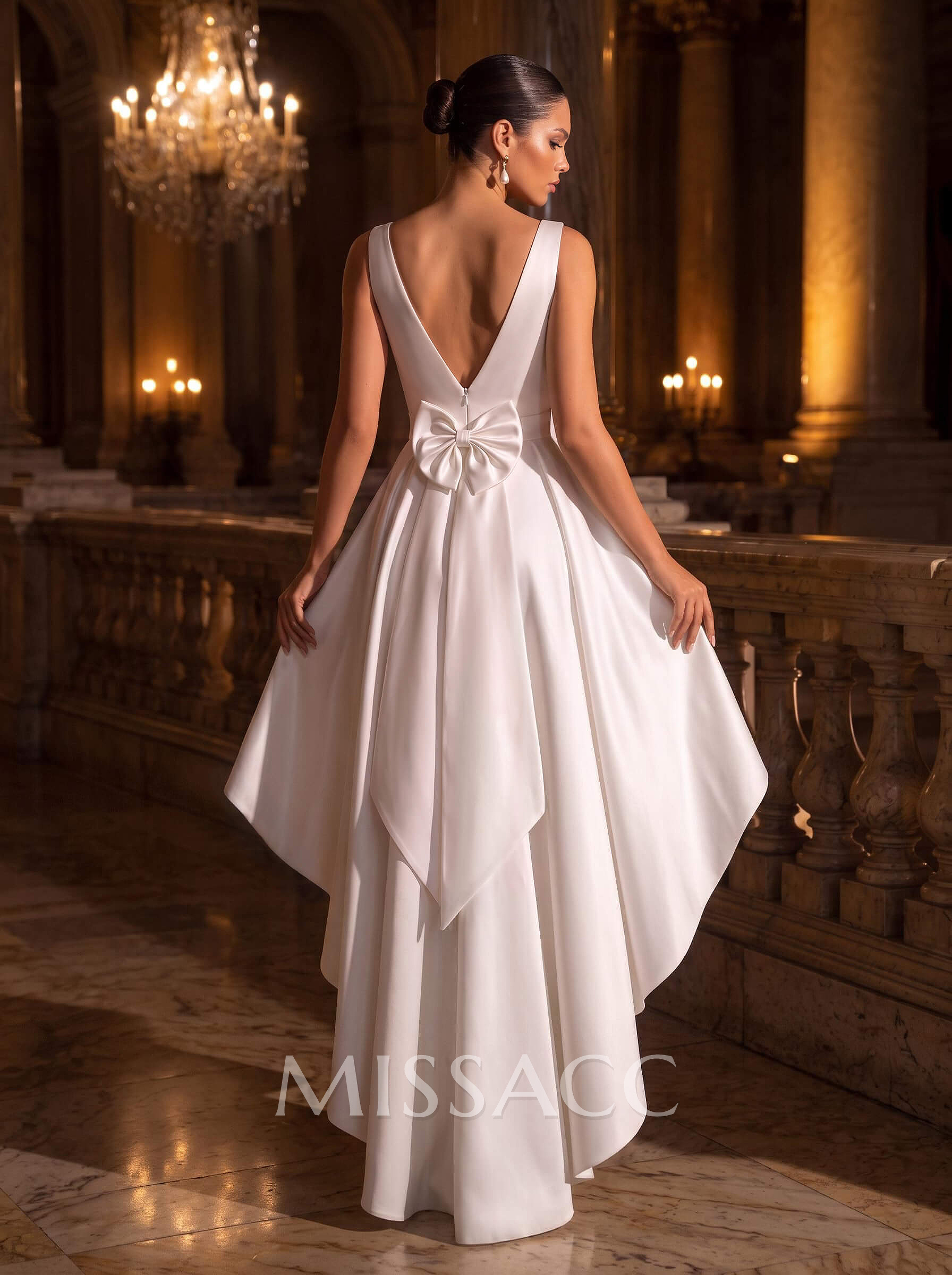 A-Line V-Neck Sleeveless Floor-Length Satin Wedding Dresses With Bow(s)