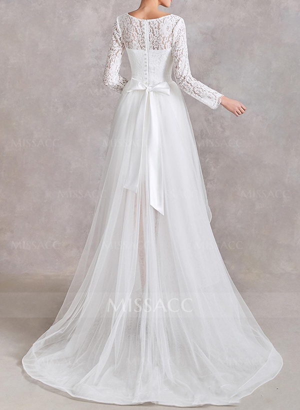 A-Line Illusion Neck Long Sleeves Detachable Lace Wedding Dresses