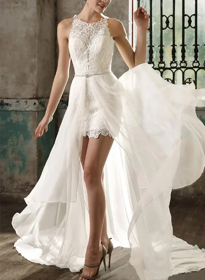 Sheath/Column Scoop Neck Sleeveless Detachable Lace Wedding Dresses