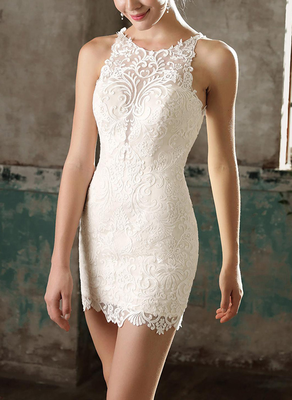 Sheath/Column Scoop Neck Sleeveless Detachable Lace Wedding Dresses