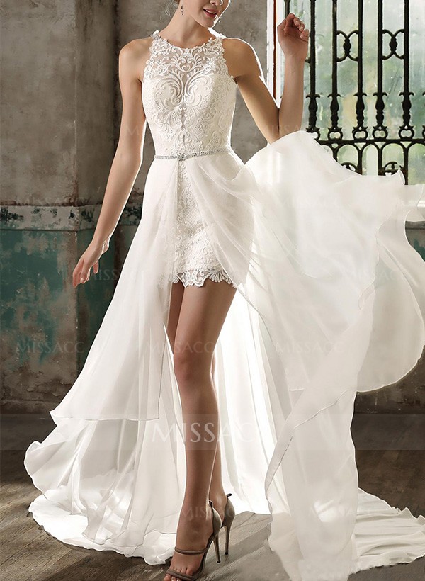 Sheath/Column Scoop Neck Sleeveless Detachable Lace Wedding Dresses