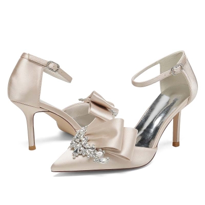 Point Toe Ankle Strap Heel Silk Like Satin Wedding Shoes With Rhinestone