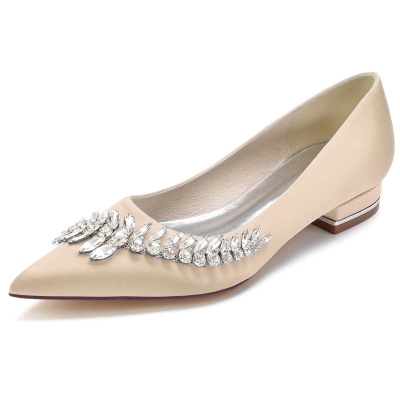 Point Toe Low Heel Silk Like Satin Wedding Shoes With Rhinestone