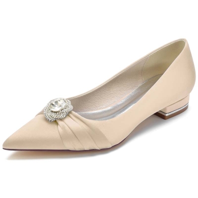 Point Toe Low Heel Silk Like Satin Wedding Shoes With Rhinestone