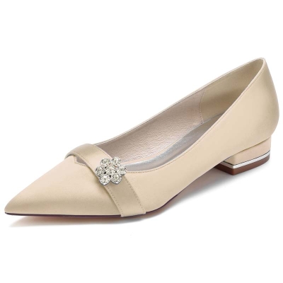 Point Toe Low Heel Silk Like Satin Wedding Shoes With Rhinestone