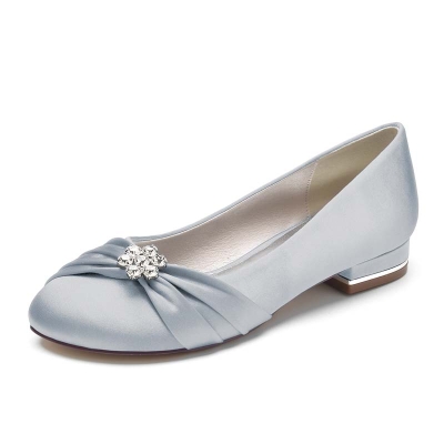 Round Toe Low Heel Silk Like Satin Wedding Shoes With Bowknot