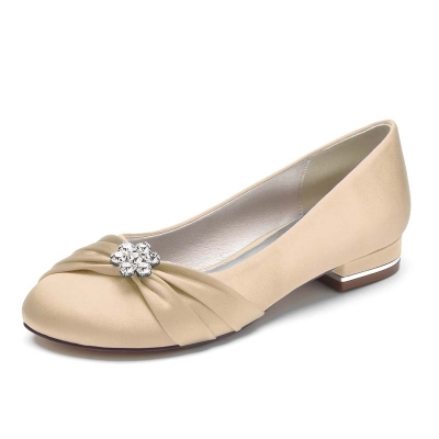 Round Toe Low Heel Silk Like Satin Wedding Shoes With Bowknot