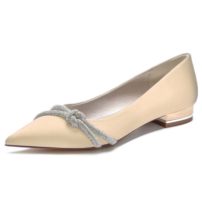 Point Toe Low Heel Silk Like Satin Wedding Shoes With Rhinestone