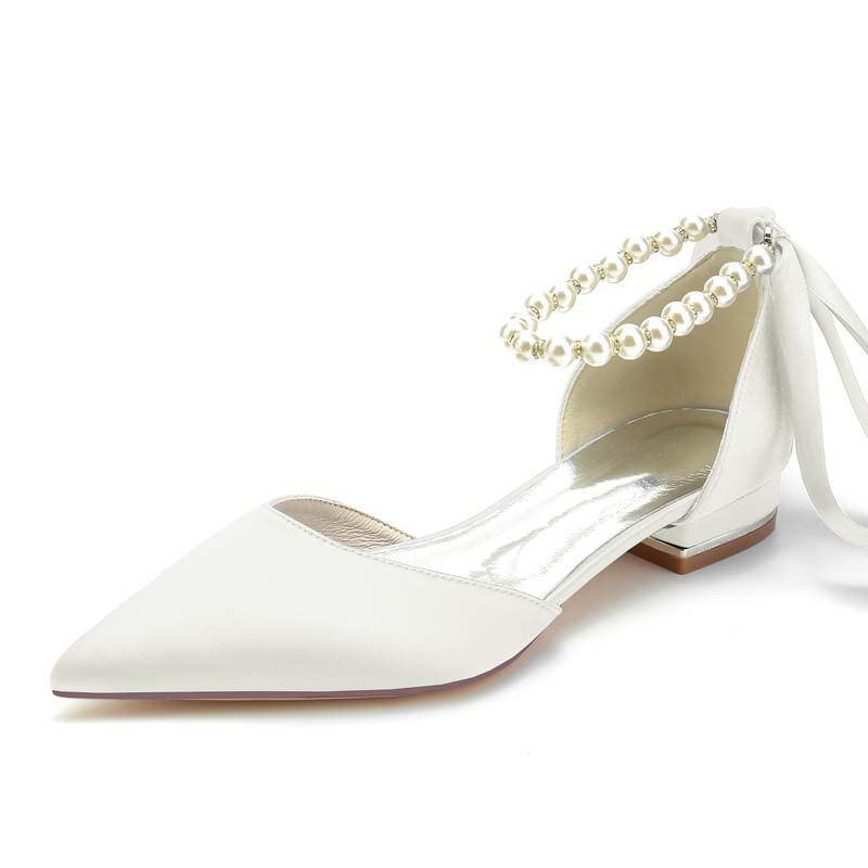 Point Toe Ankle Strap Heel Wedding Shoes With Imitation Pearl