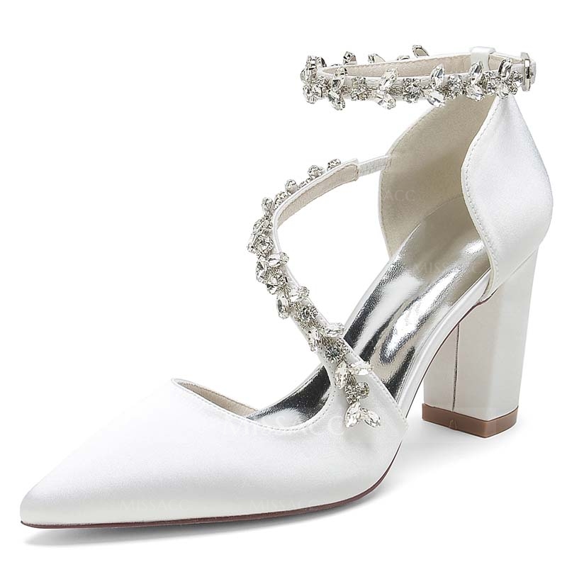 Point Toe Chunky Heel Silk Like Satin Wedding Shoes With Rhinestone