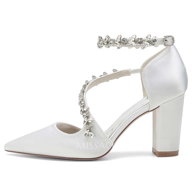 Point Toe Chunky Heel Silk Like Satin Wedding Shoes With Rhinestone