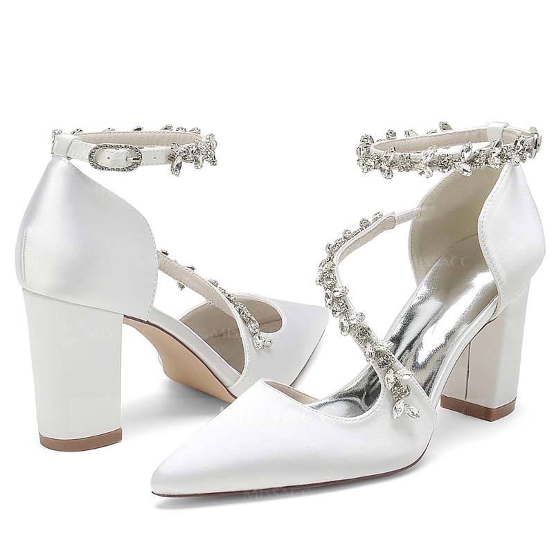 Point Toe Chunky Heel Silk Like Satin Wedding Shoes With Rhinestone