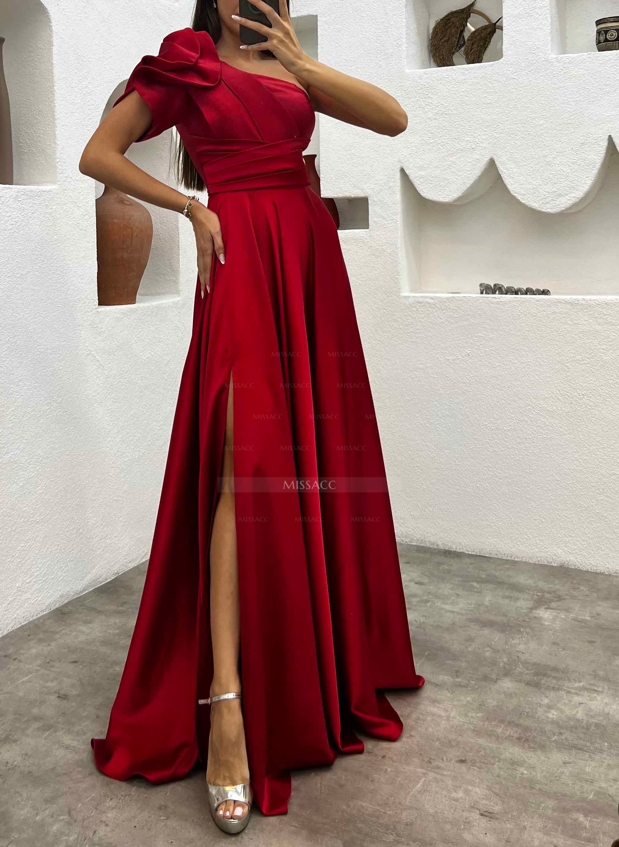 A-Line One-Shoulder Short Sleeves Sweep Train Satin Bridesmaid Dresses With Ruffle